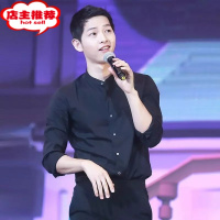 SHANCHAO宋仲基男士春季长袖衬衫韩版圆领修身黑色休闲中山领潮小立领衬衣