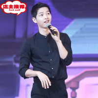 SHANCHAO宋仲基同款中山领衬衫男士长袖纯黑色修身立领纯色潮韩版圆领衬衣