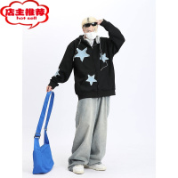 SHANCHAO美式复古拼接五角星开衫连帽卫衣男新款宽松潮牌情侣高街外套