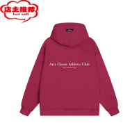 SHANCHAO玫红色字母标语连帽卫衣 国潮牌秋季复古宽松套头帽衫男