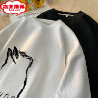 SHANCHAOoversize华夫格猫咪印花圆领卫衣男潮牌美式复古高街外套