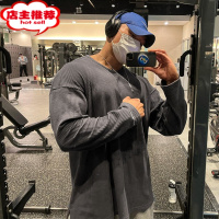 SHANCHAO美式纯色条纹运动卫衣男长袖T恤大码宽松落肩健身训练圆领