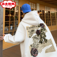 SHANCHAO酒红色玫瑰花连帽卫衣男款美式复古360克外套oversize潮