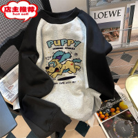 SHANCHAO美式chic港风卡通小狗无帽卫衣男女国潮复古拼色插肩长袖上衣