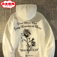 SHANCHAO美式高街vintage复古玫瑰花连帽卫衣男ins潮牌宽松情侣装外套