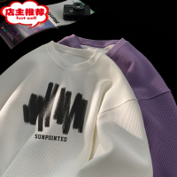 SHANCHAO320克美式圆领卫衣男新款潮牌印花上衣百搭华夫格打底衫