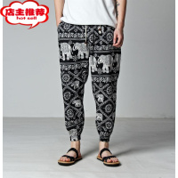 SHANCHAO泰国大象裤子男宽松阔腿裤民族风棉麻灯笼裤休闲九分裤胖子花裤子