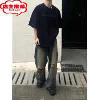 SHANCHAO美式高街夏季重工水洗工艺破洞牛仔裤男宽松直筒垂感阔腿长裤潮牌