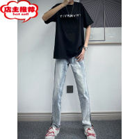 SHANCHAO水洗蓝侧边开叉拉链牛仔裤男夏季网红潮牌直筒修身高街百搭长裤子