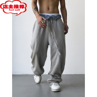 SHANCHAO高街运动裤男春季新款牛仔裤翻边假两件卫裤宽松爵士hiphop裤子潮