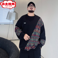 SHANCHAO2023春季新款胖子加肥加大码宽松圆领民族风拼接潮流长袖卫衣潮男