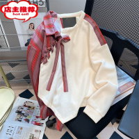 SHANCHAO设计感小众别致拼接撞色条纹卫衣男女港风不规则假两件蝴蝶结上衣