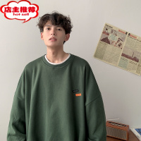 SHANCHAO墨绿色圆领卫衣男款新款潮牌设计感美式hiphop情侣装宽松上衣