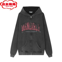 SHANCHAO美式复古做旧连帽开衫情侣卫衣男潮牌高级感拉链外套