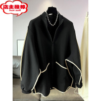 SHANCHAO大码300斤开衫卫衣外套男女装春季潮牌美式复古宽松立领夹克上衣2