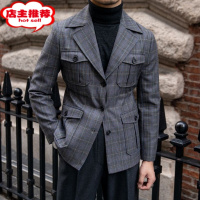 SHANCHAO新款英伦复古格子夹克男士时尚休闲加绒保暖修身毛呢外套潮