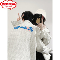 SHANCHAO白色粗花呢小香风外套男宽松刺绣字母国潮情侣衬衫夹克上衣