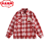 SHANCHAO美式高街拼色设计感格子长袖衬衫男女中性宽松毛呢夹克外套潮
