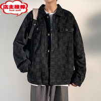 SHANCHAO棋盘格子黑色牛仔外套男设计感小众工装牛子夹克胖子潮大码