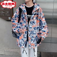 SHANCHAO美式碎花满印夹克男春装加肥加大码潮胖人宽松炸街连帽外套