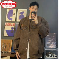 SHANCHAO欧美式vintage复古字母刺绣棕色开衫夹克男美式ins潮牌设计感外套