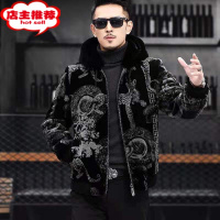 SHANCHAO欧洲站轻奢黑色金丝绒夹克男修身痞帅豹子印花上衣厚款连帽外套男