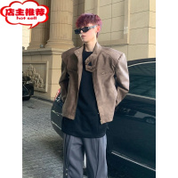 SHANCHAO美式复古做旧机车皮夹克男女2023年新款宽松立领短款皮衣外套