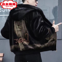 SHANCHAO欧货轻奢金丝绒夹克男士款痞帅狮子印花上衣厚款连帽外套男潮