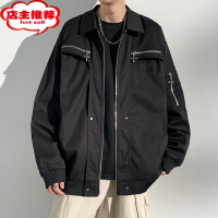 SHANCHAO黑色翻领外套男士新款潮牌宽松工装痞帅飞行员夹克男生衣服