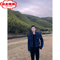 SHANCHAO小众设计感大披肩口袋垫肩设计短款牛仔外套男潮新款上衣夹克