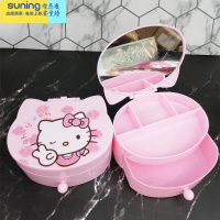 希杰狮王可爱卡通儿童首饰盒女孩发头饰收纳盒公主饰品项链戒指整理盒带镜 粉色双层小猫收纳架