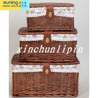 希杰狮王柳编藤编收纳筐田园编织收纳盒化妆品杂物玩具收纳筐收纳箱 深棕+白底红花碎花布 大号收纳架