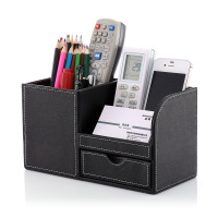 希杰狮王桌面多功能笔筒文具名片收纳盒办公室创意时尚学生北欧可爱小清新 时尚黑色半皮1623