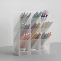 希杰狮王斜插式笔筒创意时尚ins 学生收纳盒架桌面摆件简约透明格笔桶文具 透明白-3个装 炒值