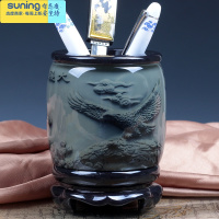 希杰狮王笔筒复古中国风旋转创意办公室桌面摆件收纳大容量毛笔桶可定制 中号大展宏图高13cm+蓝色礼盒 内浮雕图案