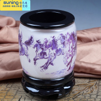 希杰狮王笔筒复古中国风旋转创意办公室桌面摆件收纳大容量毛笔桶可定制 中号青花八骏马高13cm+蓝色礼盒 镭射彩印