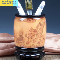 希杰狮王笔筒复古中国风旋转创意办公室桌面摆件收纳大容量毛笔桶可定制 中彩印 清明上河图 高13cm+礼盒 镭射彩印