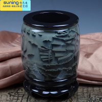 希杰狮王笔筒复古中国风旋转创意办公室桌面摆件收纳大容量毛笔桶可定制 中号一帆风顺高13cm+蓝色礼盒 内浮雕图案