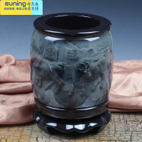 希杰狮王笔筒复古中国风旋转创意办公室桌面摆件收纳大容量毛笔桶可定制 中号五牛图高13cm+蓝色礼盒 内浮雕图案