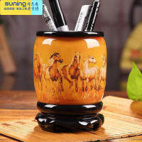 希杰狮王笔筒复古中国风旋转创意办公室桌面摆件收纳大容量毛笔桶可定制 中号彩印 马到成功 高13cm+礼盒 镭射彩印