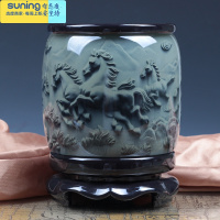 希杰狮王笔筒复古中国风旋转创意办公室桌面摆件收纳大容量毛笔桶可定制 大号 八骏图高17.5cm 内浮雕图案