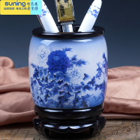 希杰狮王笔筒复古中国风旋转创意办公室桌面摆件收纳大容量毛笔桶可定制 中号青花 花开富贵高13cm+礼盒 镭射彩印