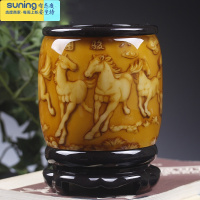 希杰狮王笔筒复古中国风旋转创意办公室桌面摆件收纳大容量毛笔桶可定制 中号黄古八骏马13cm+蓝色礼盒 内浮雕图案