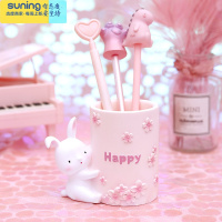 希杰狮王创意ins樱花独角兽笔筒桌面装饰化妆品收纳桶学生礼品工艺品摆件 小兔樱花粉色