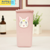 希杰狮王粉色收纳桶少女心迷你垃圾桶造型桌面收纳笔筒化妆刷筒带盖塑料桶 白猫