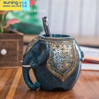 希杰狮王笔桶多功能办公桌小摆件欧式复古创意时尚大象笔筒工艺品桌面摆设 大象笔筒20优化(蓝色)