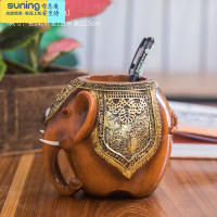 希杰狮王笔桶多功能办公桌小摆件欧式复古创意时尚大象笔筒工艺品桌面摆设 大象笔筒20优化(仿木色)