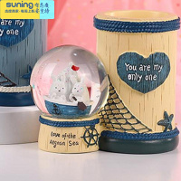 希杰狮王创意闪光带雪花少女心独角兽饰品摆件女生儿童生日礼品 兔子帆船黄笔筒(彩灯+雪花) 长13宽8高16cm