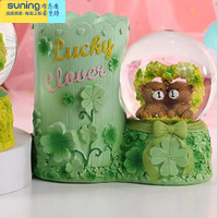 希杰狮王创意闪光带雪花少女心独角兽饰品摆件女生儿童生日礼品 幸运熊深绿笔筒(彩灯+雪花) 长13宽8高16cm