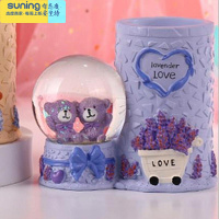 希杰狮王创意闪光带雪花少女心独角兽饰品摆件女生儿童生日礼品 薰衣草熊紫色笔筒(彩灯+雪花) 长13宽8高16cm